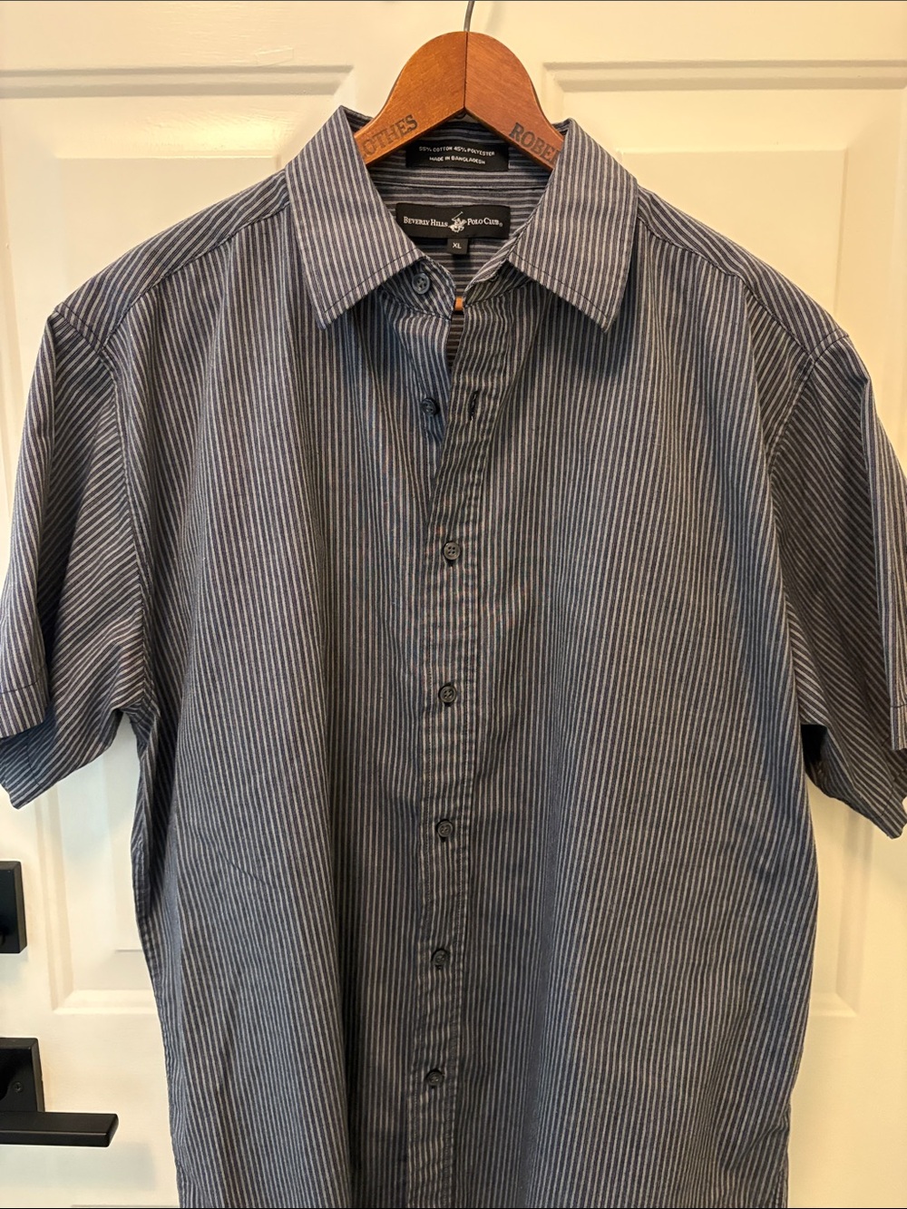 Beverly Hills Polo Club Men's Navy and White Pinstripe Button-Down Shirt